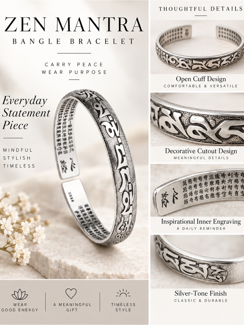 Zen Mantra Bangle Bracelet Silver Tone Engraved Open Cuff Boho